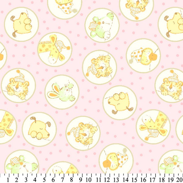 Anti-Pill Baby Animals In Circles Pink Fleece F1264